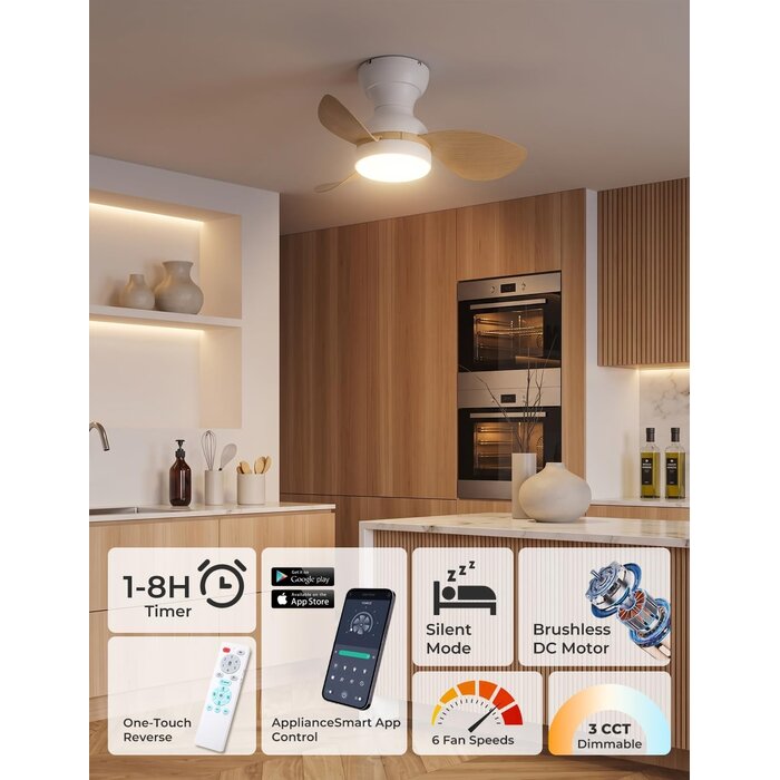 Ventilateur de plafond LED 56 cm - 6 vitesses - Blanc aspect bois - 33% de remise
