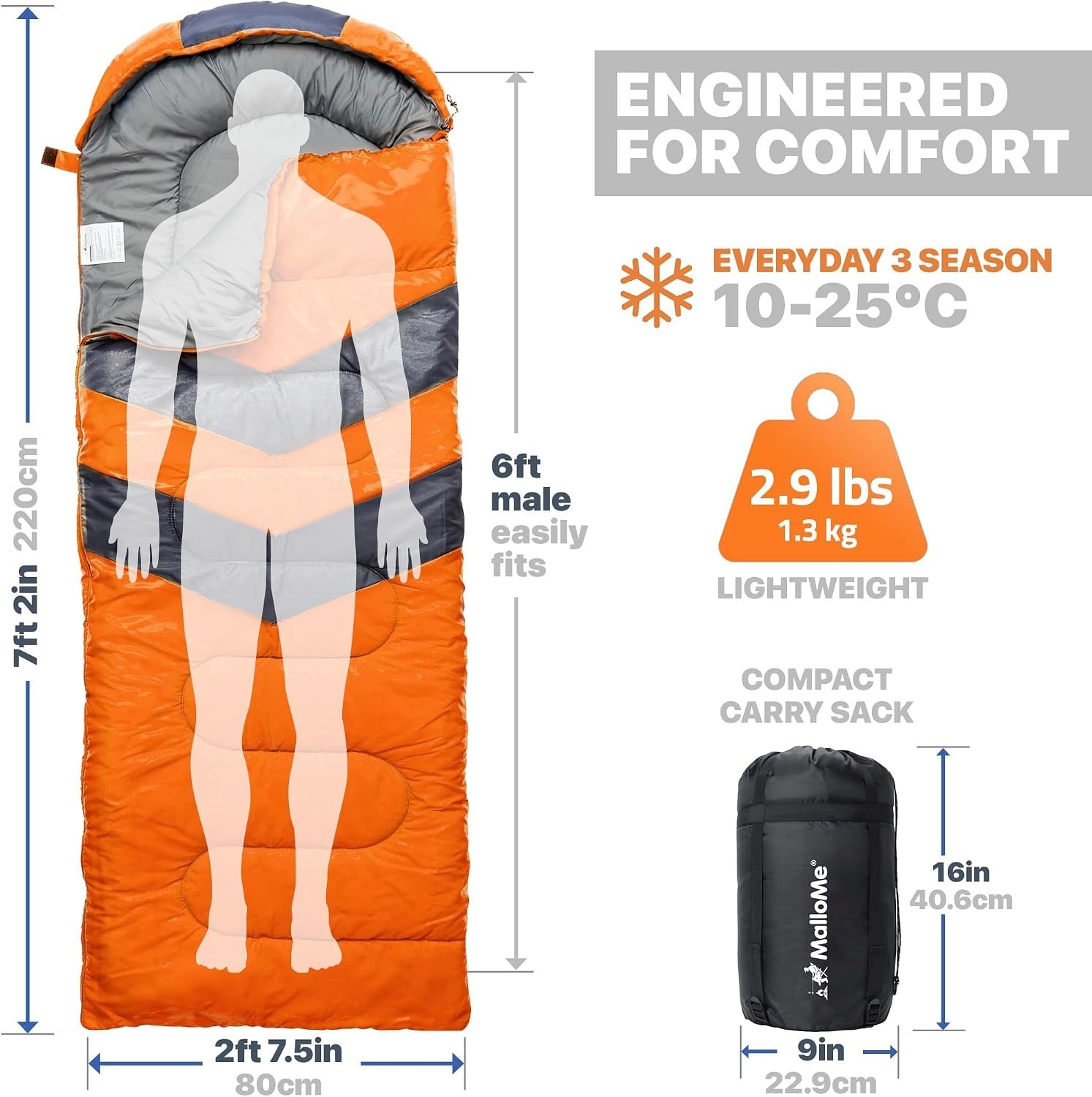 Sac de couchage 3 saisons 220 x 75 cm Orange - 27% de remise