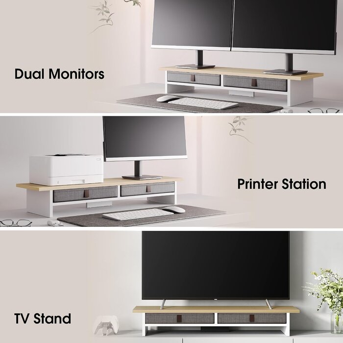 Support Double Moniteur avec Tiroirs - Bois effet Chêne - 35% de remise