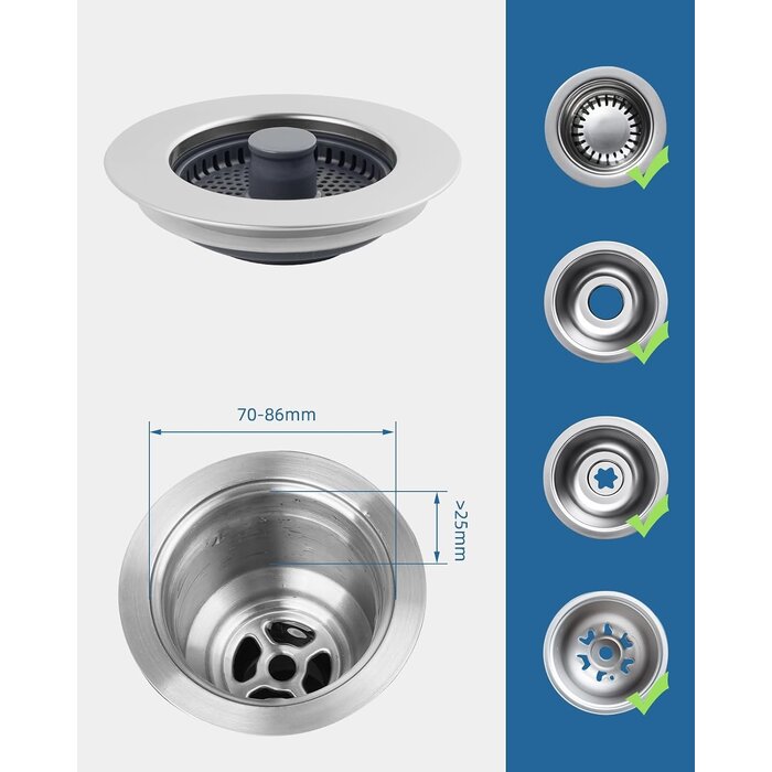 Bonde d'évier 3-en-1 (75-82mm) - Inox et ABS - 25% de remise