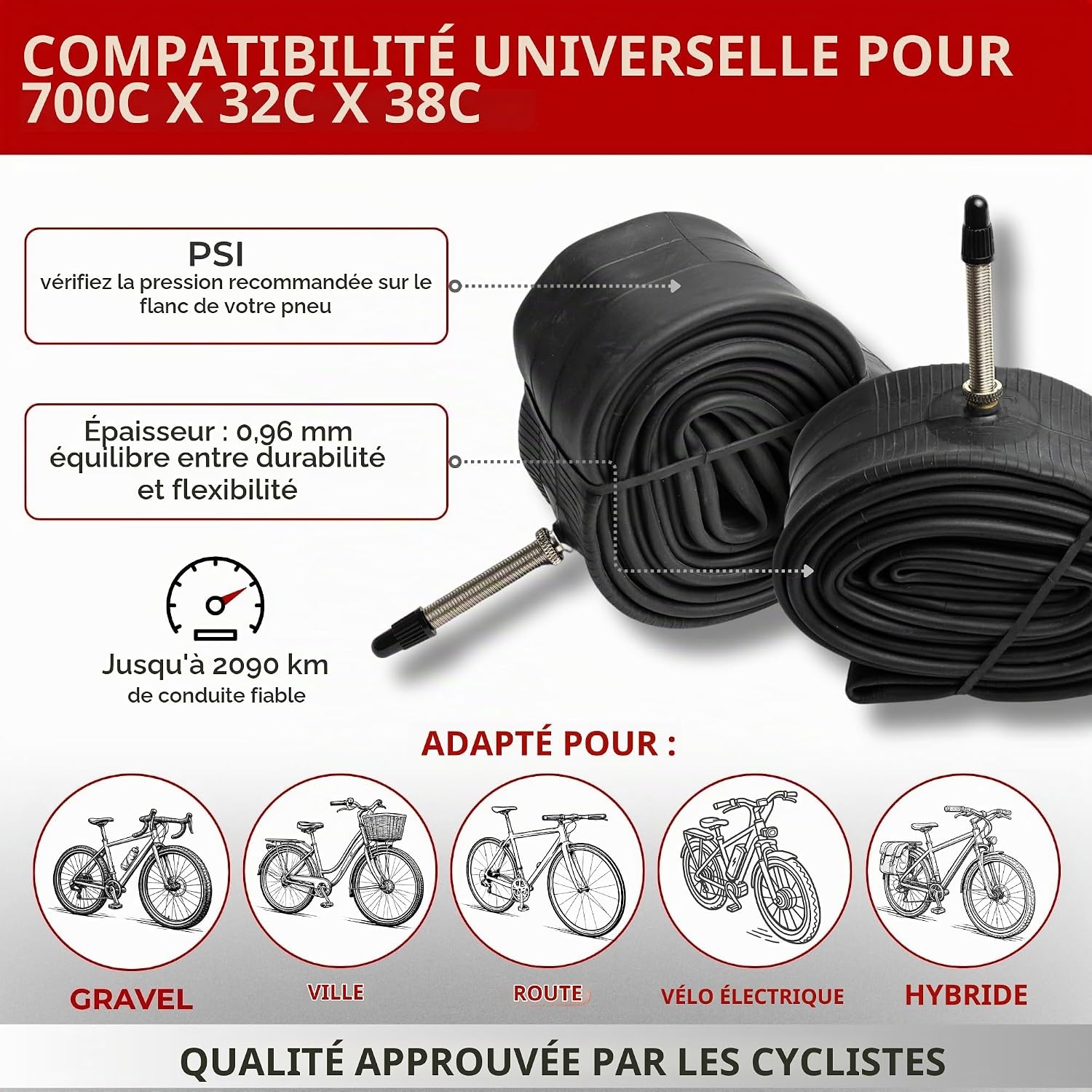 Lot de 2 chambres à air vélo 700x32-38c, valve Presta 48mm - 31% de remise