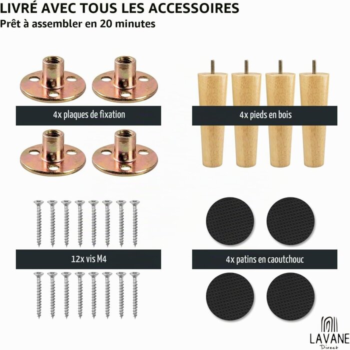 Lot de 4 pieds de meuble bois massif 10 cm M8 - 28% de remise