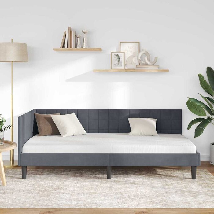 Lit d'angle en velours gris 90x200 cm - 35% de remise