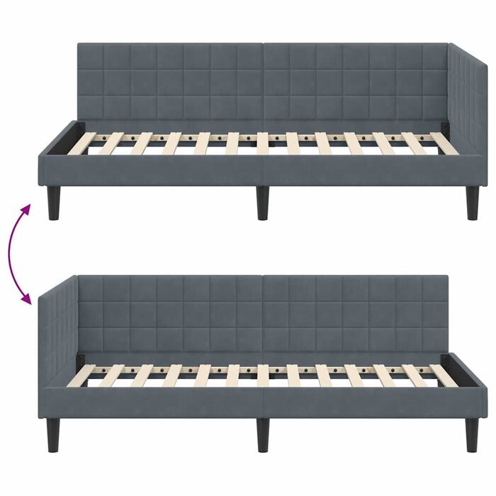 Lit d'angle en velours gris 90x200 cm - 35% de remise