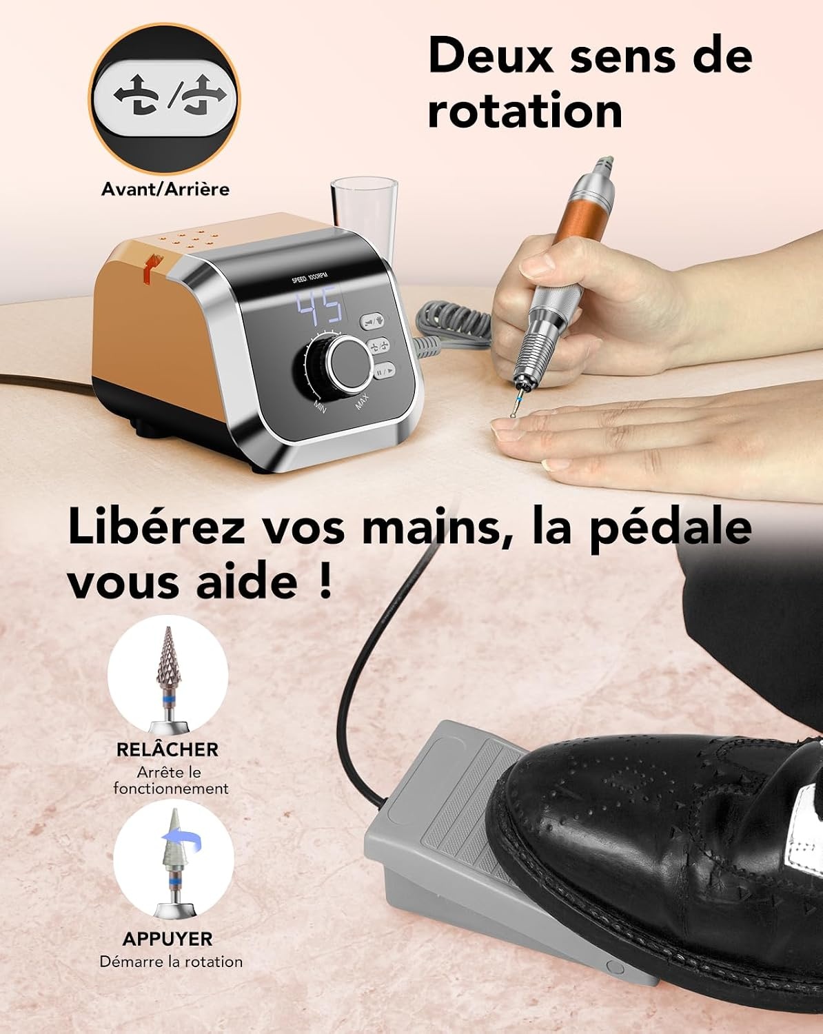 Ponceuse à ongles pro 45 000 tr/min Orange - 32% de remise