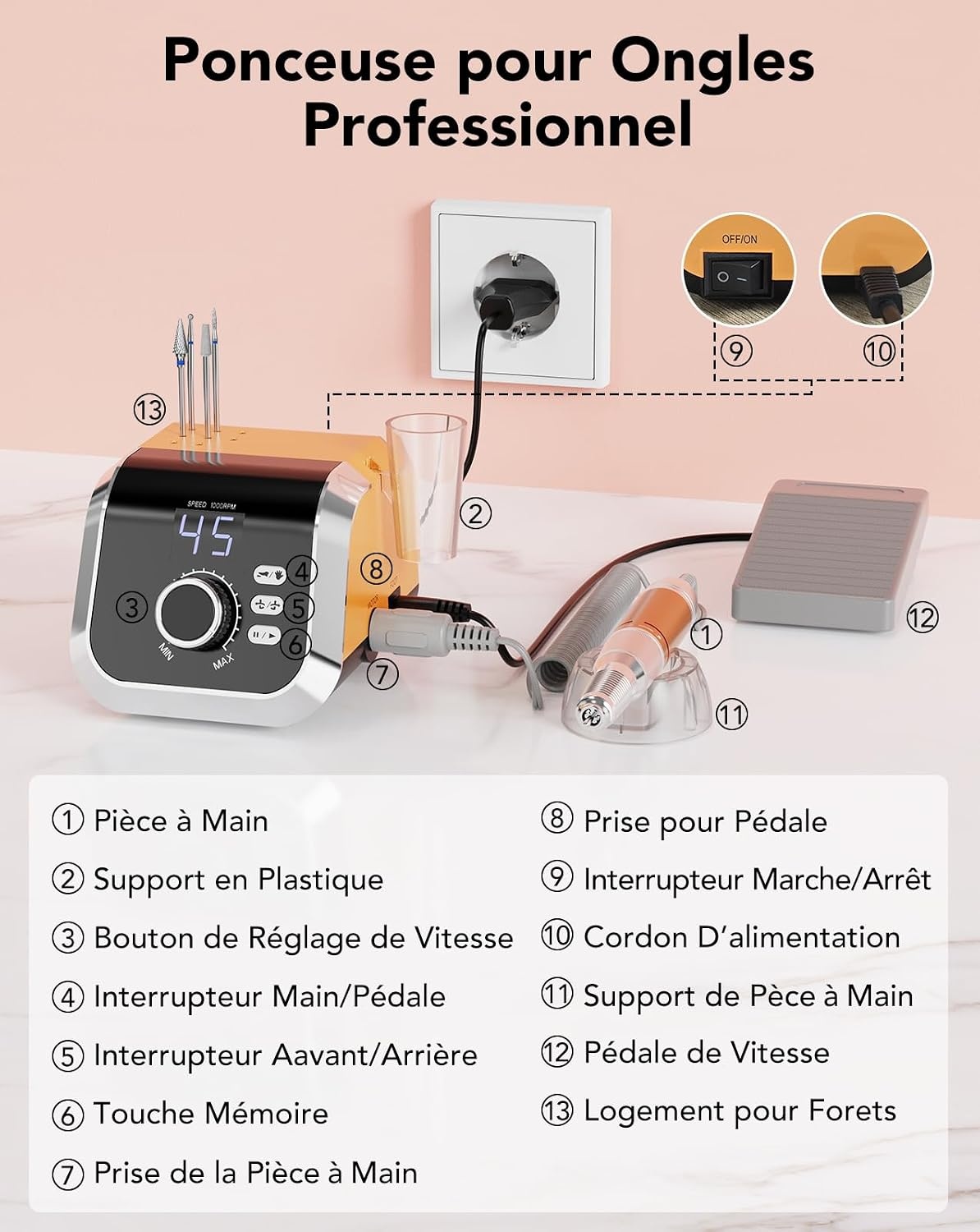 Ponceuse à ongles pro 45 000 tr/min Orange - 32% de remise