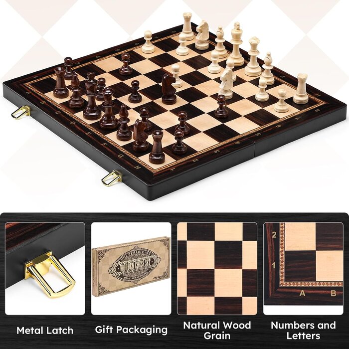 Jeu d'échecs en bois pliable 48x48 cm - 34 pièces lestées - 29% de remise