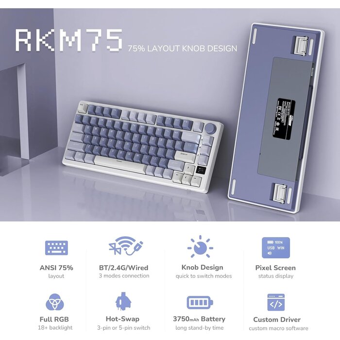 Clavier mécanique gaming 75% AZERTY, Lavande, Sans fil - 34% de remise