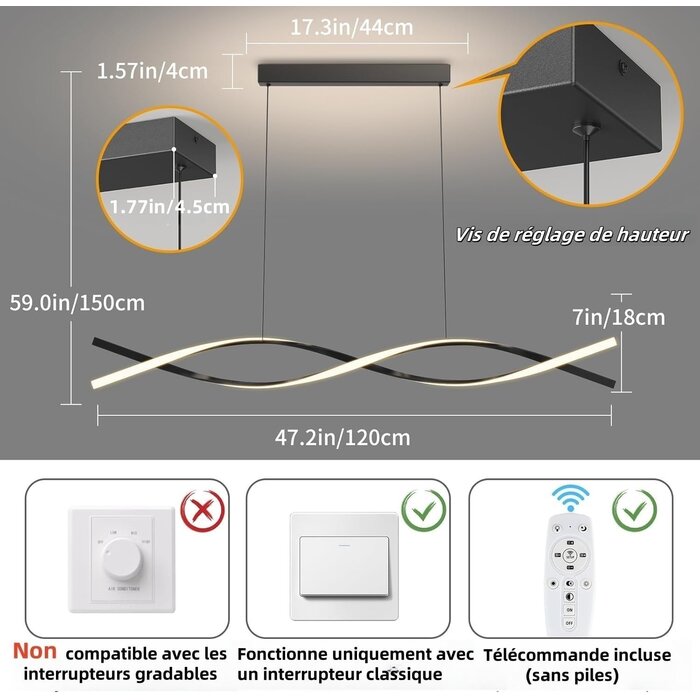 Suspension LED rectangulaire 120cm - Dimmable - Télécommande - 34% de remise