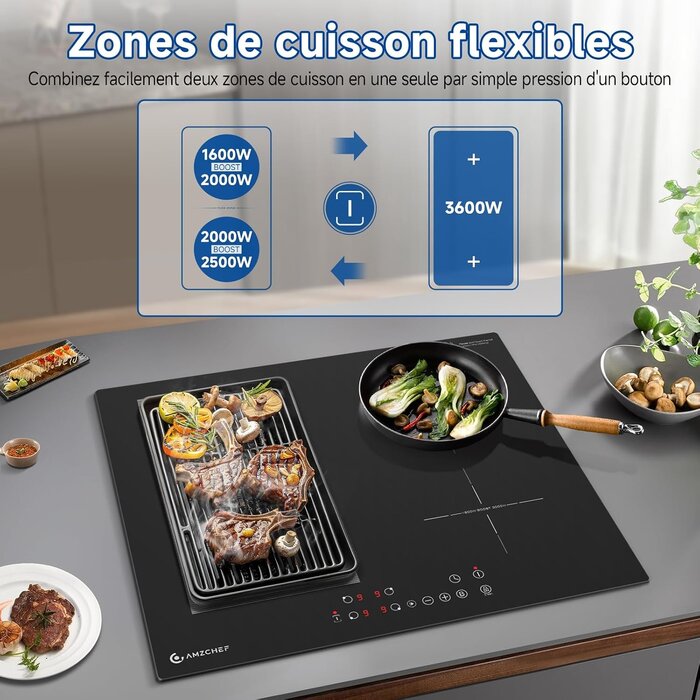 Plaque induction 60 cm 4 zones 7400W - Noir - 30% de remise