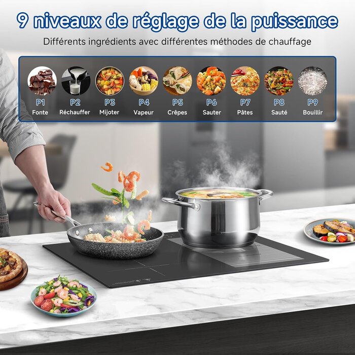 Plaque induction 60 cm 4 zones 7400W - Noir - 30% de remise