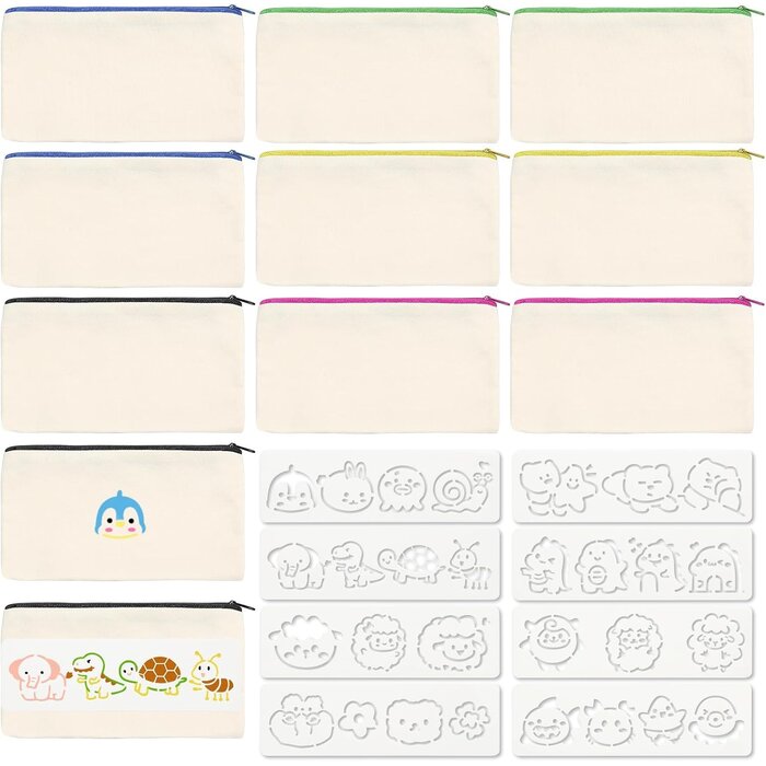 Lot de 10 trousses en toile à décorer + 8 pochoirs - 30% de remise