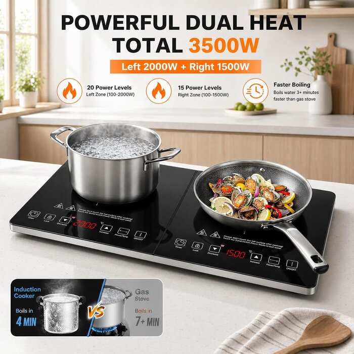 Plaque à induction double 3500W - 2 zones - Noir et argent - 35% de remise