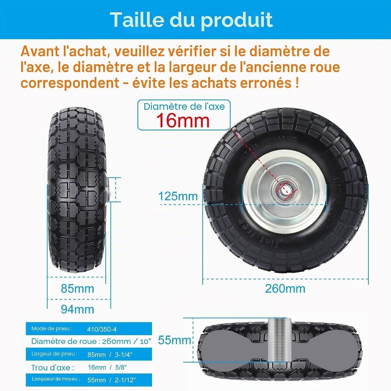 Lot de 2 roues pour diable increvables 260x85mm, axe 16mm - 32% de remise