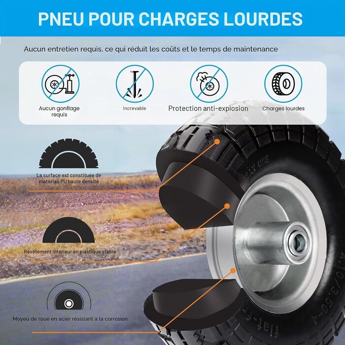 Lot de 2 roues pour diable increvables 260x85mm, axe 16mm - 32% de remise