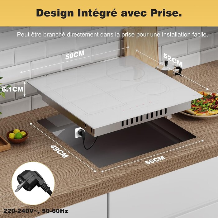 Plaque induction 60cm blanche 4 zones 3500W - 30% de remise immédiate