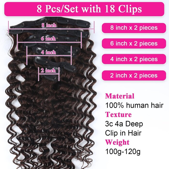 Extensions à clips cheveux naturels Remy, brun foncé 50cm, 34% de remise