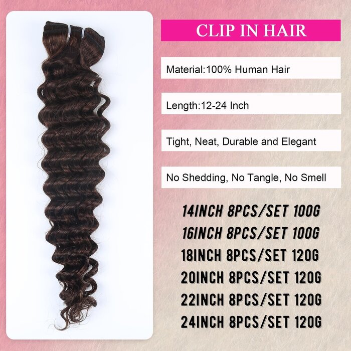 Extensions à clips cheveux naturels Remy, brun foncé 50cm, 34% de remise