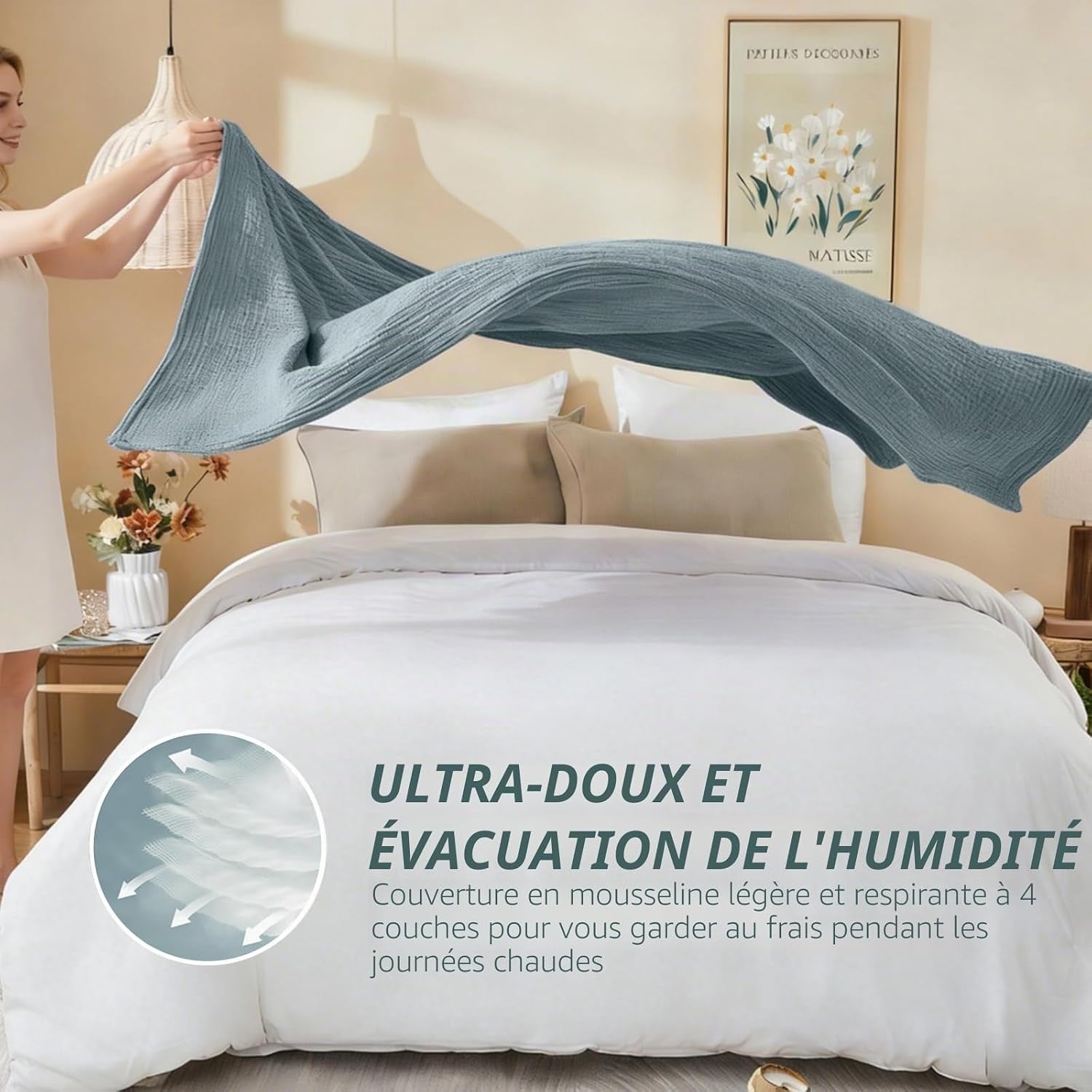 Couverture en mousseline 150x200cm, Heather Teal - 32% de remise