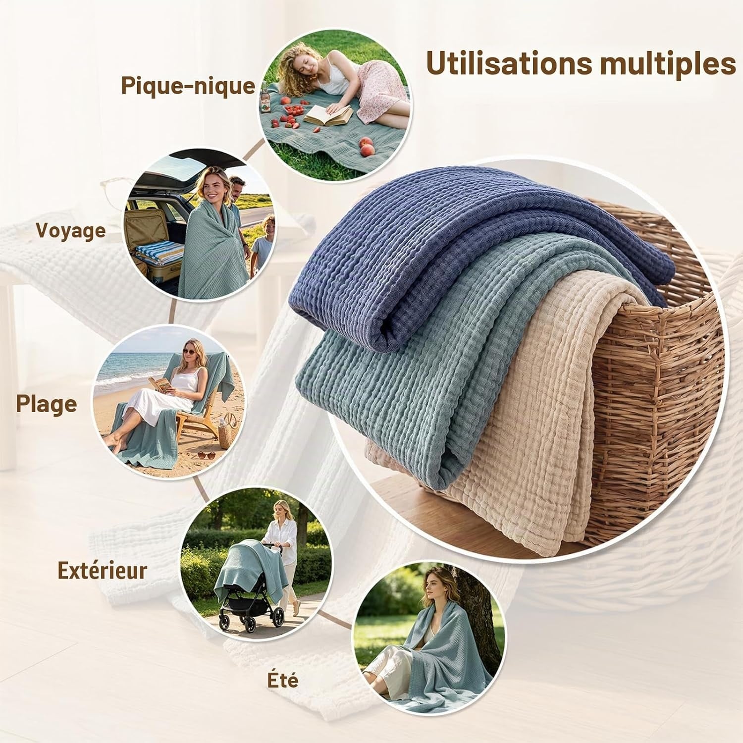 Couverture en mousseline 150x200cm, Heather Teal - 32% de remise
