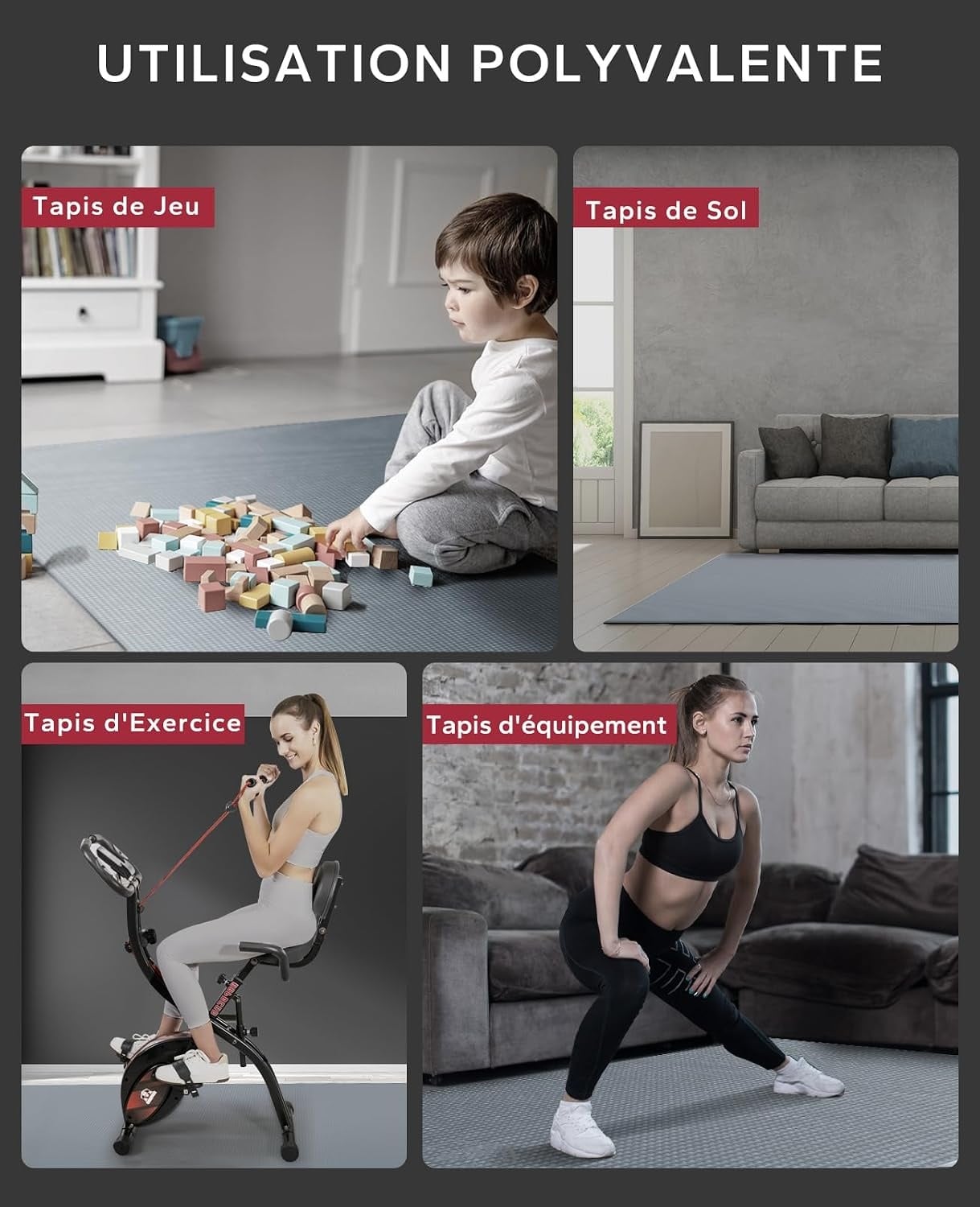 Tapis de fitness XXL 213x152cm - 33% de remise - Gris avec bandes de résistance