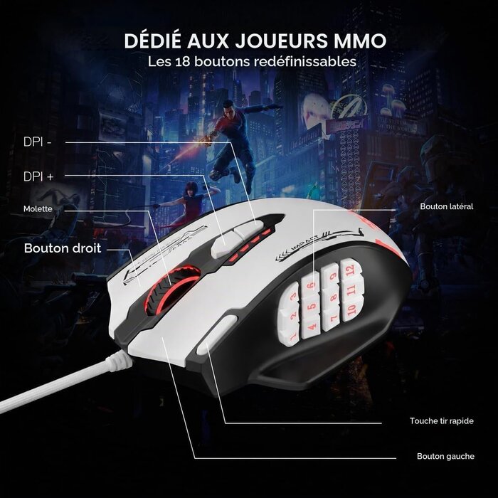 Souris Gaming MMO 18 boutons - Blanche - 31% de remise
