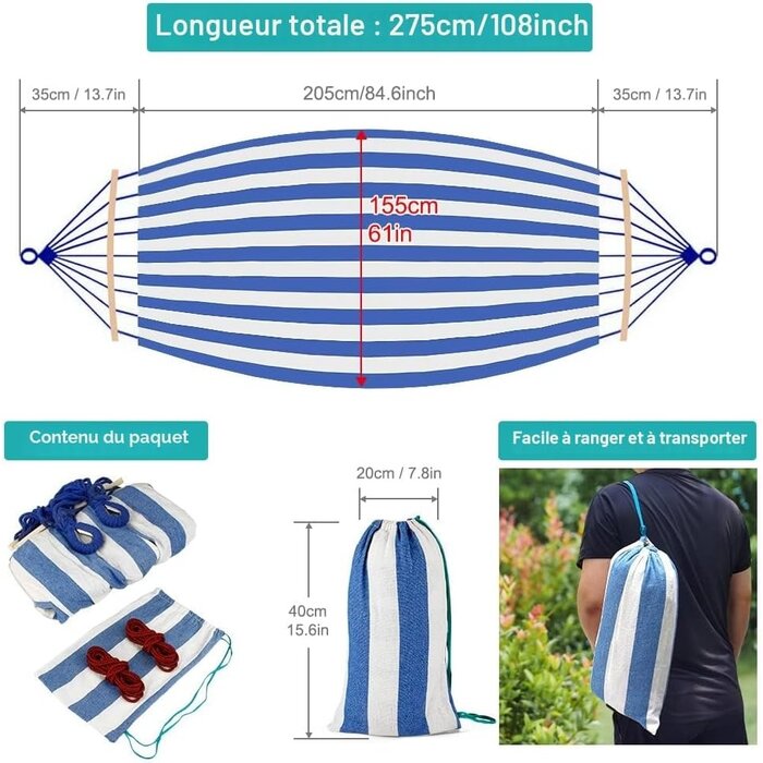 Hamac de camping 205x155cm - Bleu - 32% de remise