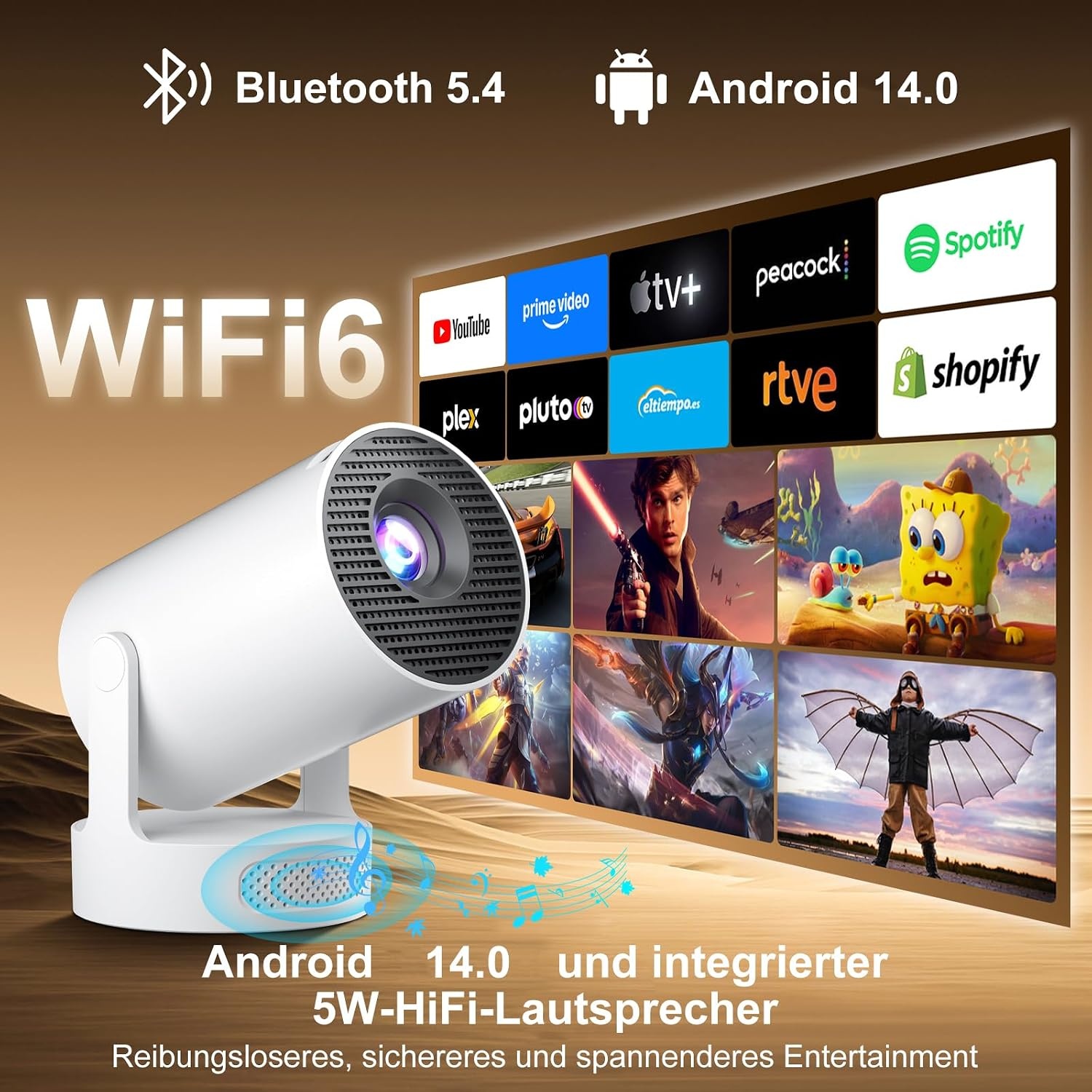Mini projecteur 4K Android 14 - 33% de remise - 12000 Lumens - WiFi 6 - Rotatif