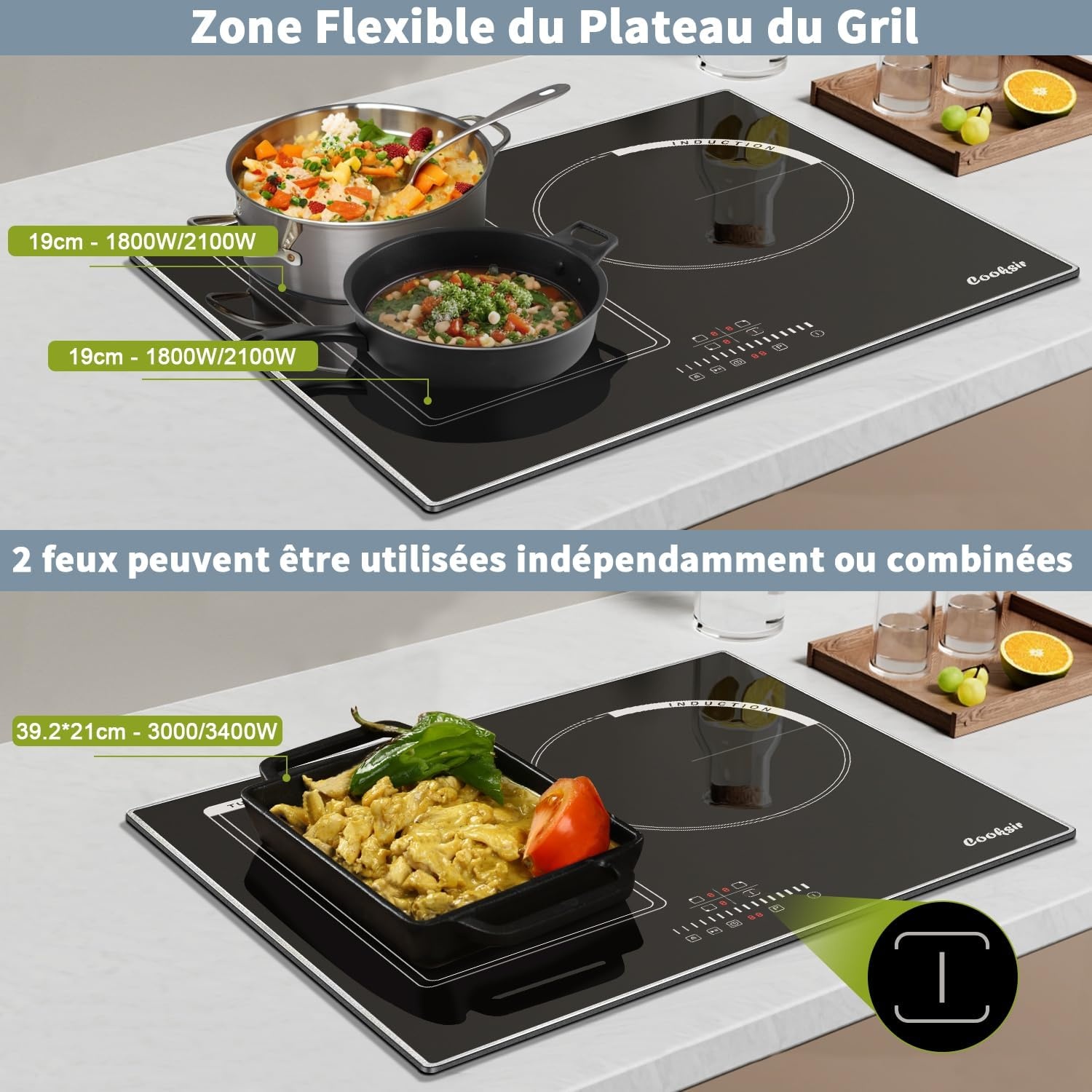 Plaque induction 3 zones 6800W - Verre noir - 35% de remise