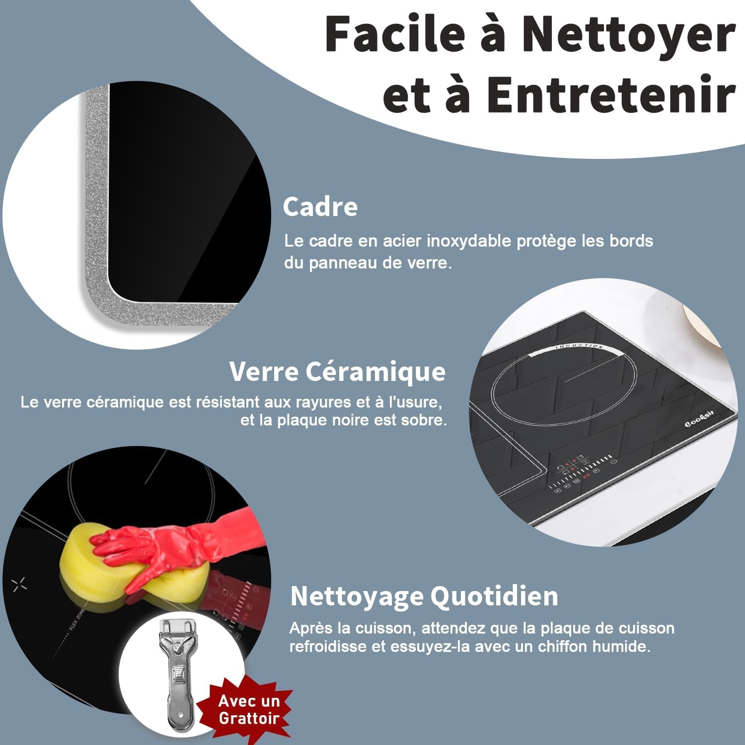 Plaque induction 3 zones 6800W - Verre noir - 35% de remise