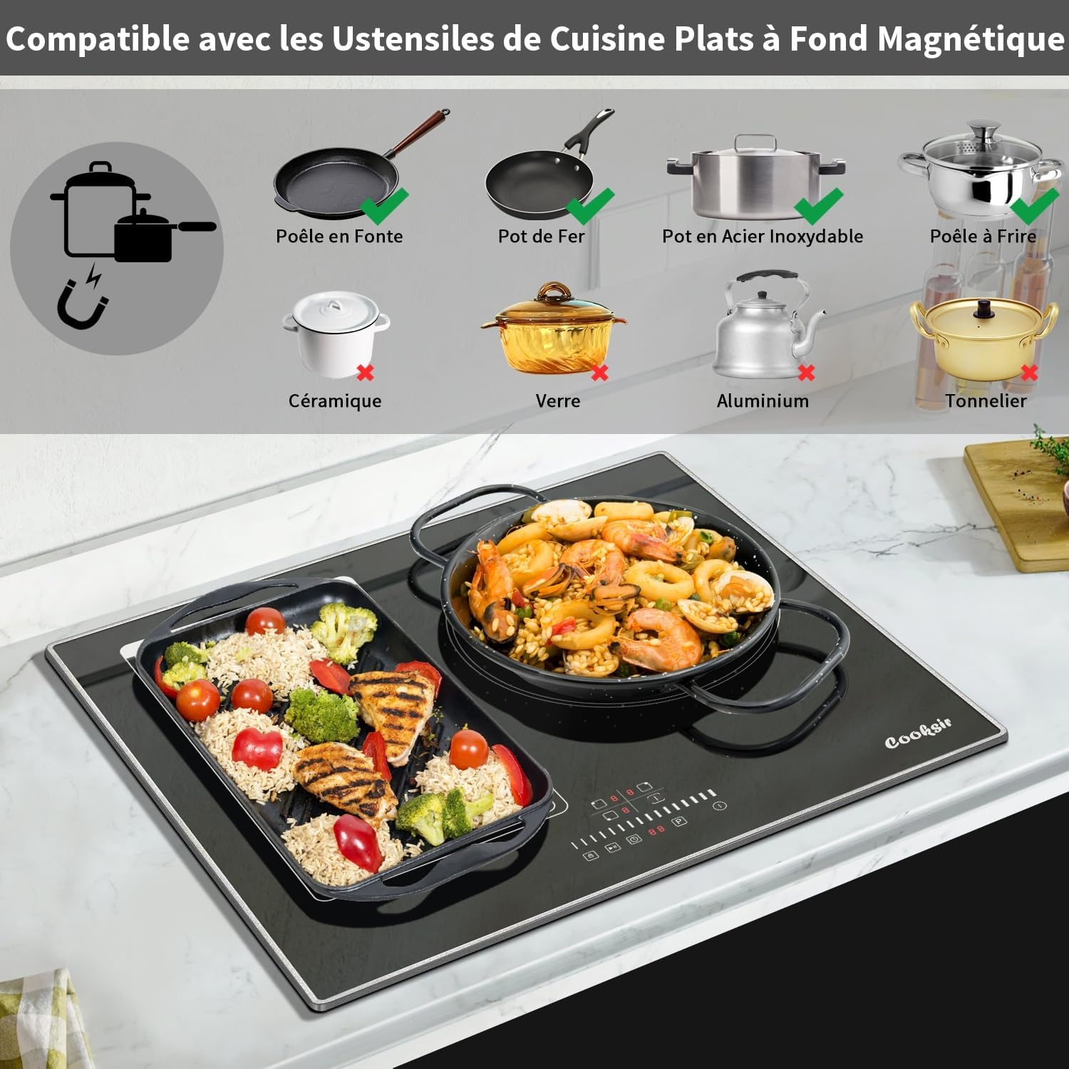 Plaque induction 3 zones 6800W - Verre noir - 35% de remise