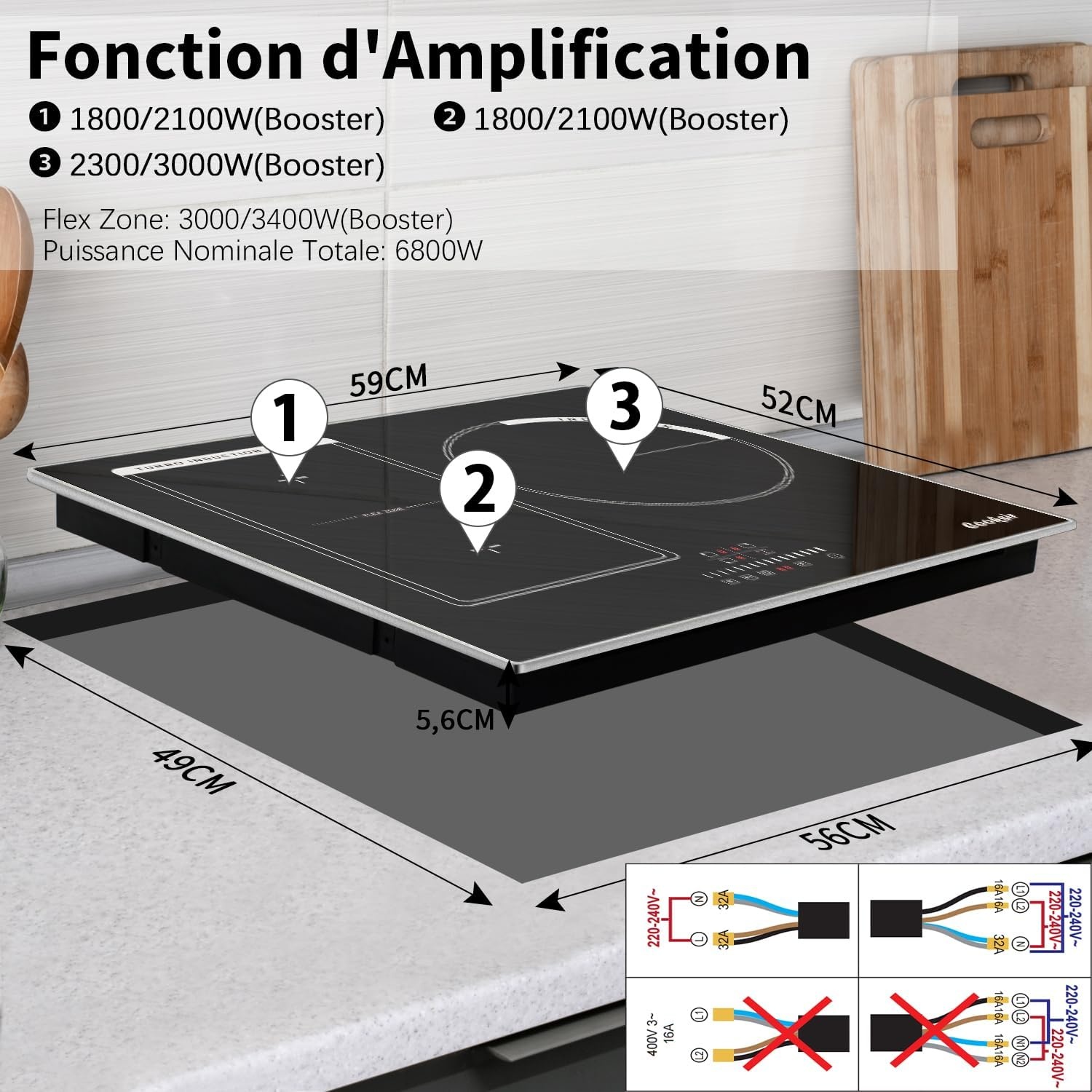 Plaque induction 3 zones 6800W - Verre noir - 35% de remise