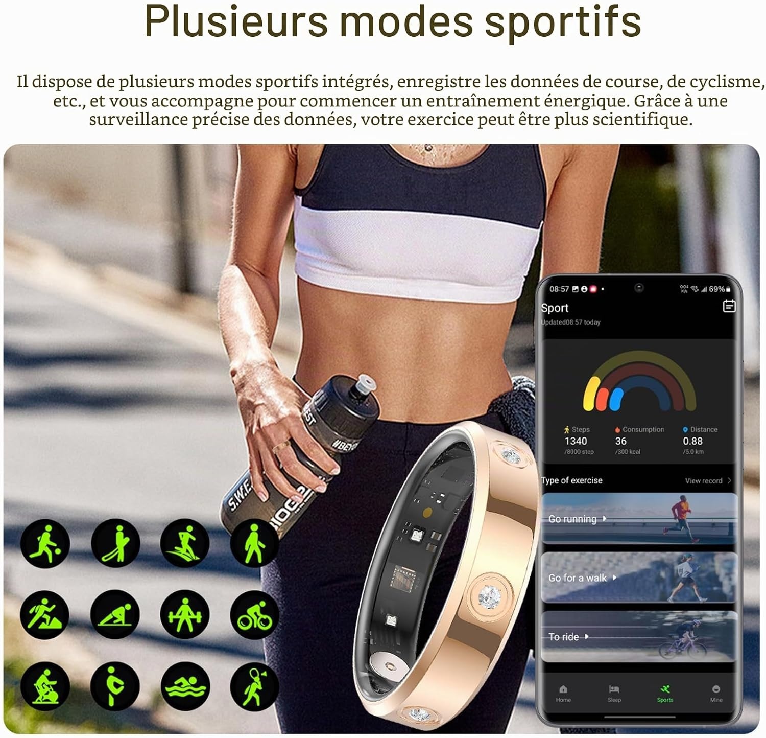 Bague connectée santé et sport, argentée - 33% de remise