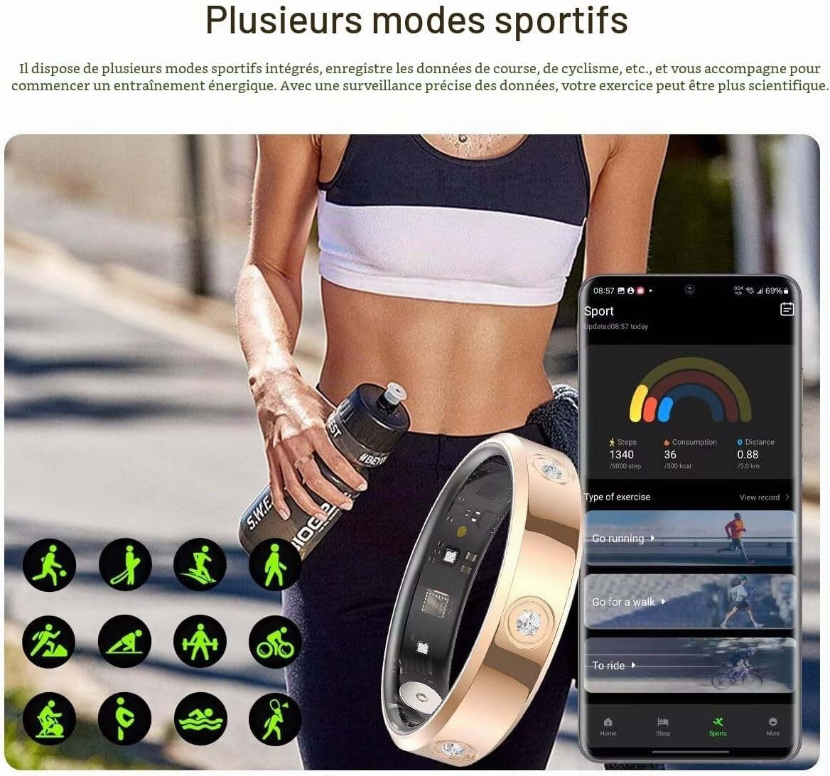 Bague connectée fitness tracker argent - 33% de remise
