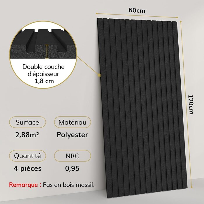 Panneaux acoustiques auto-adhésifs 120x60cm - Noir - Lot de 4 - 34% de remise