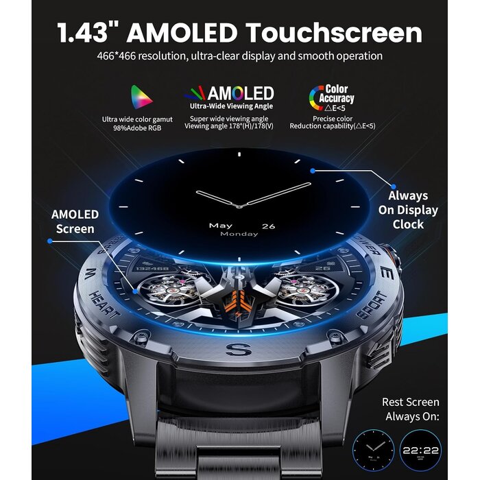 Montre intelligente AMOLED 1,43" Bluetooth - Graphite Noir - 31% de remise