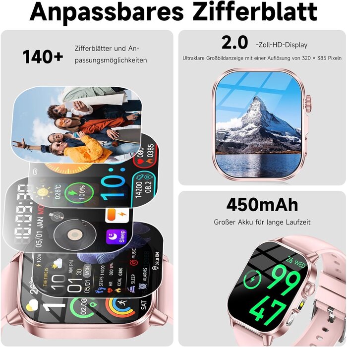 Montre connectée rose 2,0" Bluetooth 5.3 avec fonction SOS - 32% de remise