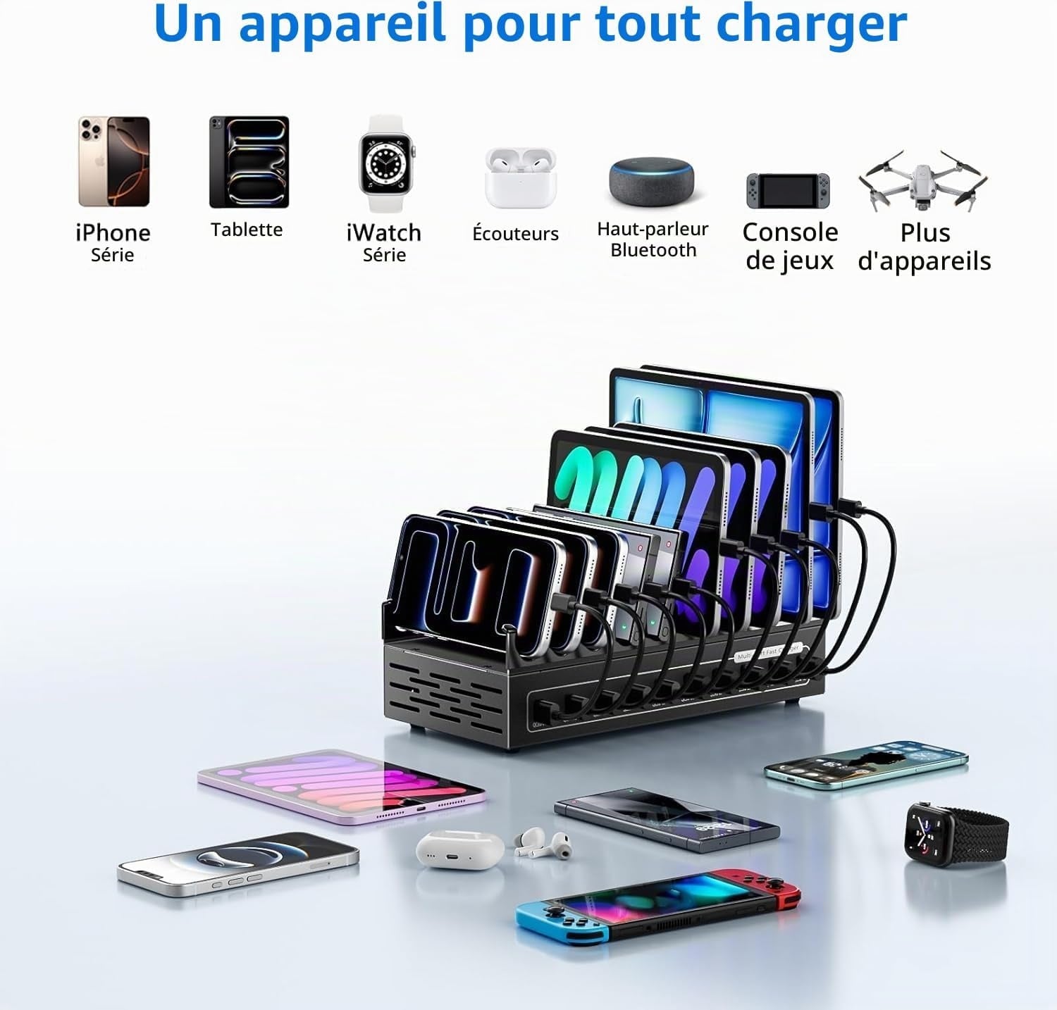 Station de recharge USB 200W 10 ports - Noir - 31% de remise