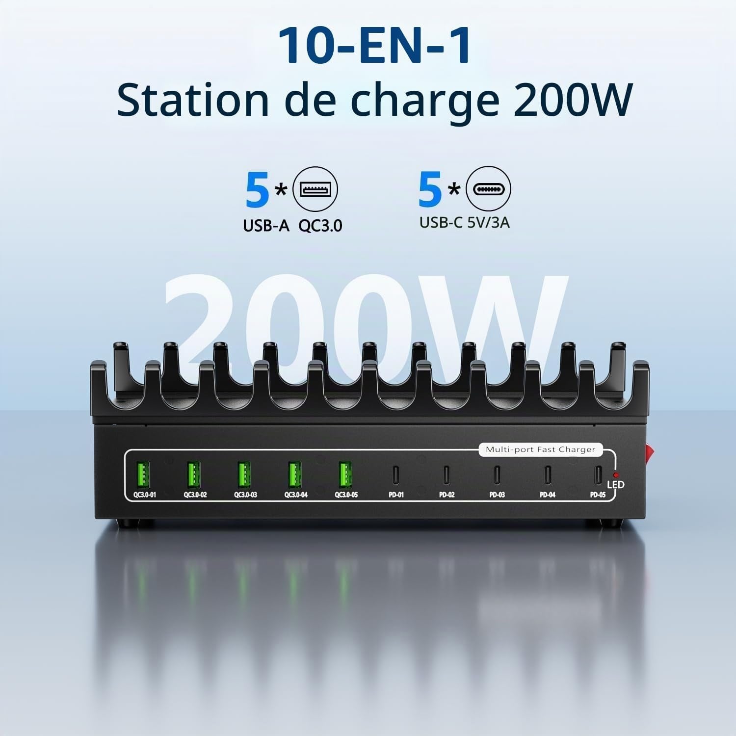Station de charge 200W 10 ports USB-A/C - Aluminium - Noir - 31% de remise