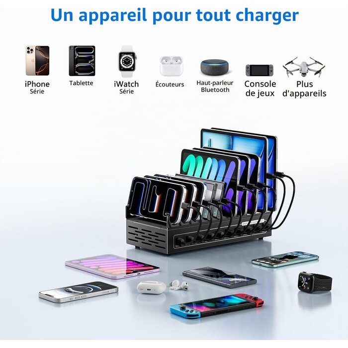 Station de charge 200W 10 ports USB-A/C - Aluminium - Noir - 31% de remise