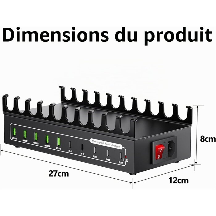 Station de charge 200W 10 ports USB-A/C - Aluminium - Noir - 31% de remise