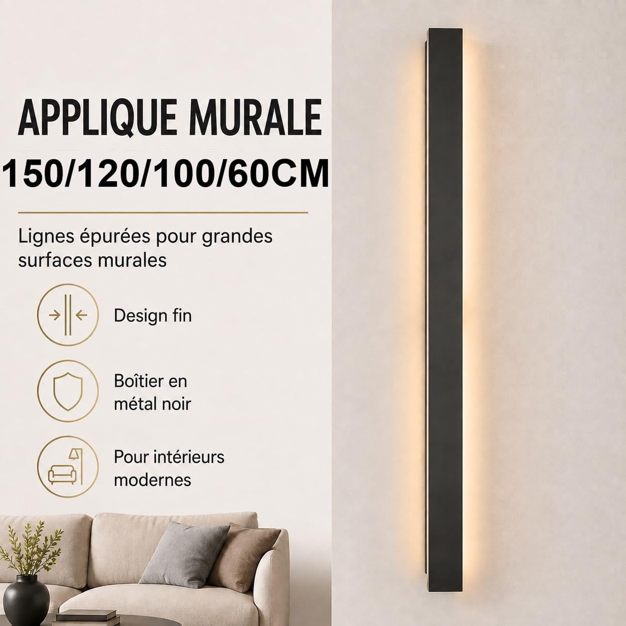 Applique murale LED 120 cm noire - Design rectangulaire - 33% de remise