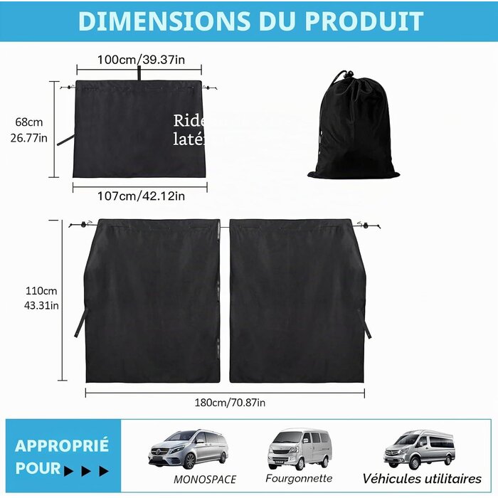 Set 3 rideaux occultants voiture et camping-car daim noir - 31% de remise