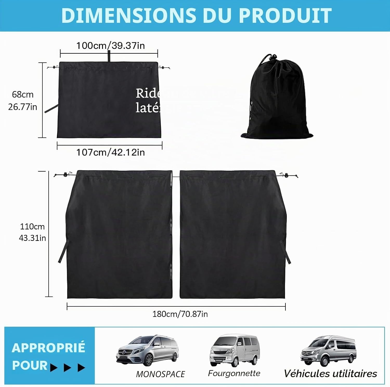 Set 3 rideaux occultants voiture et camping-car daim noir - 31% de remise