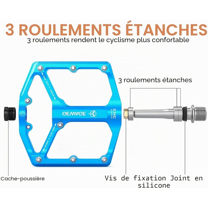 Pédales VTT et Route Aluminium Bleu - 3 Roulements - 31% de remise
