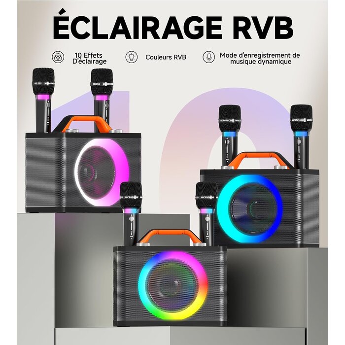 Machine de karaoké portable 2 micros sans fil RGB - 30% de remise