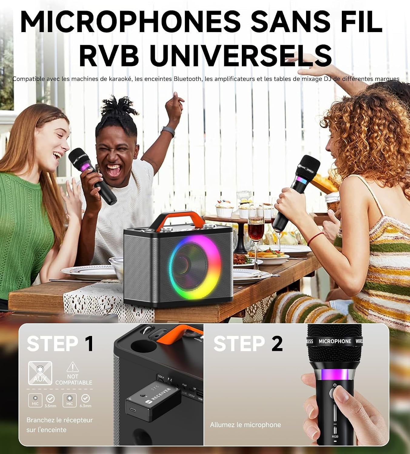 Machine de karaoké portable 2 micros sans fil RGB - 30% de remise