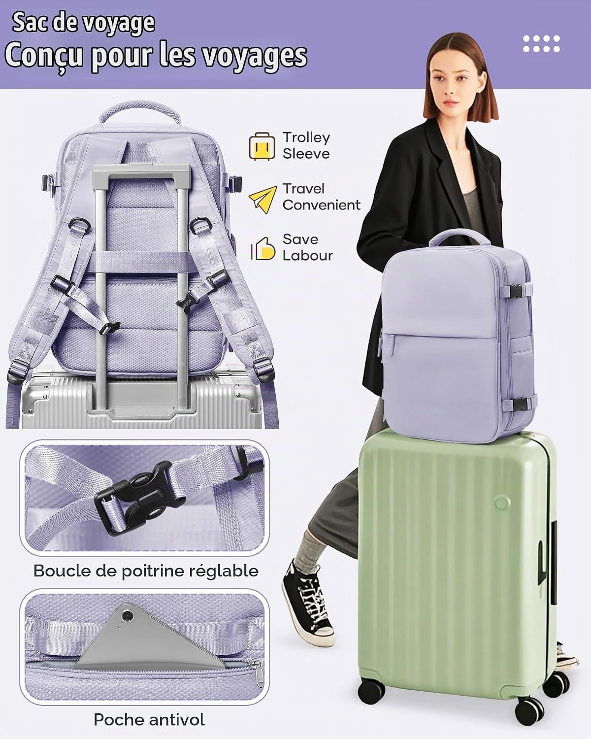 Sac à dos voyage avec pompe à vide - Violet - 40x30x20 cm - 33% de remise