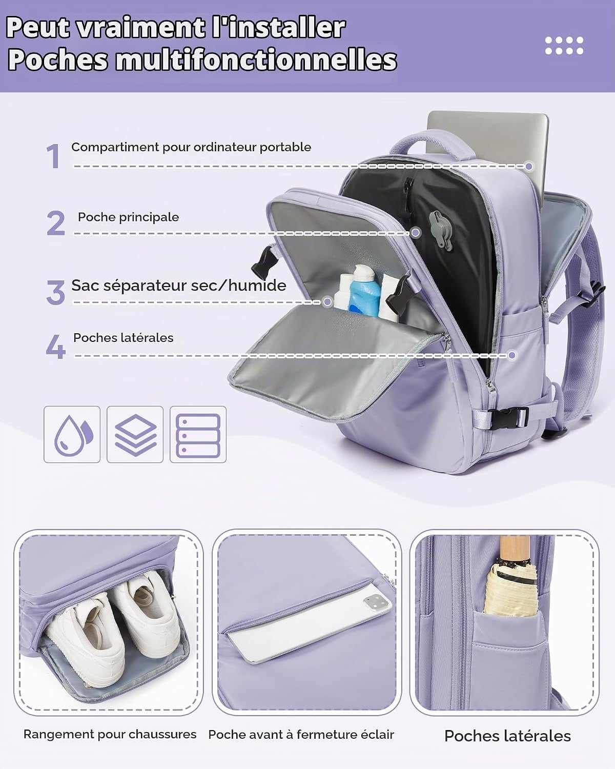 Sac à dos voyage avec pompe à vide - Violet - 40x30x20 cm - 33% de remise