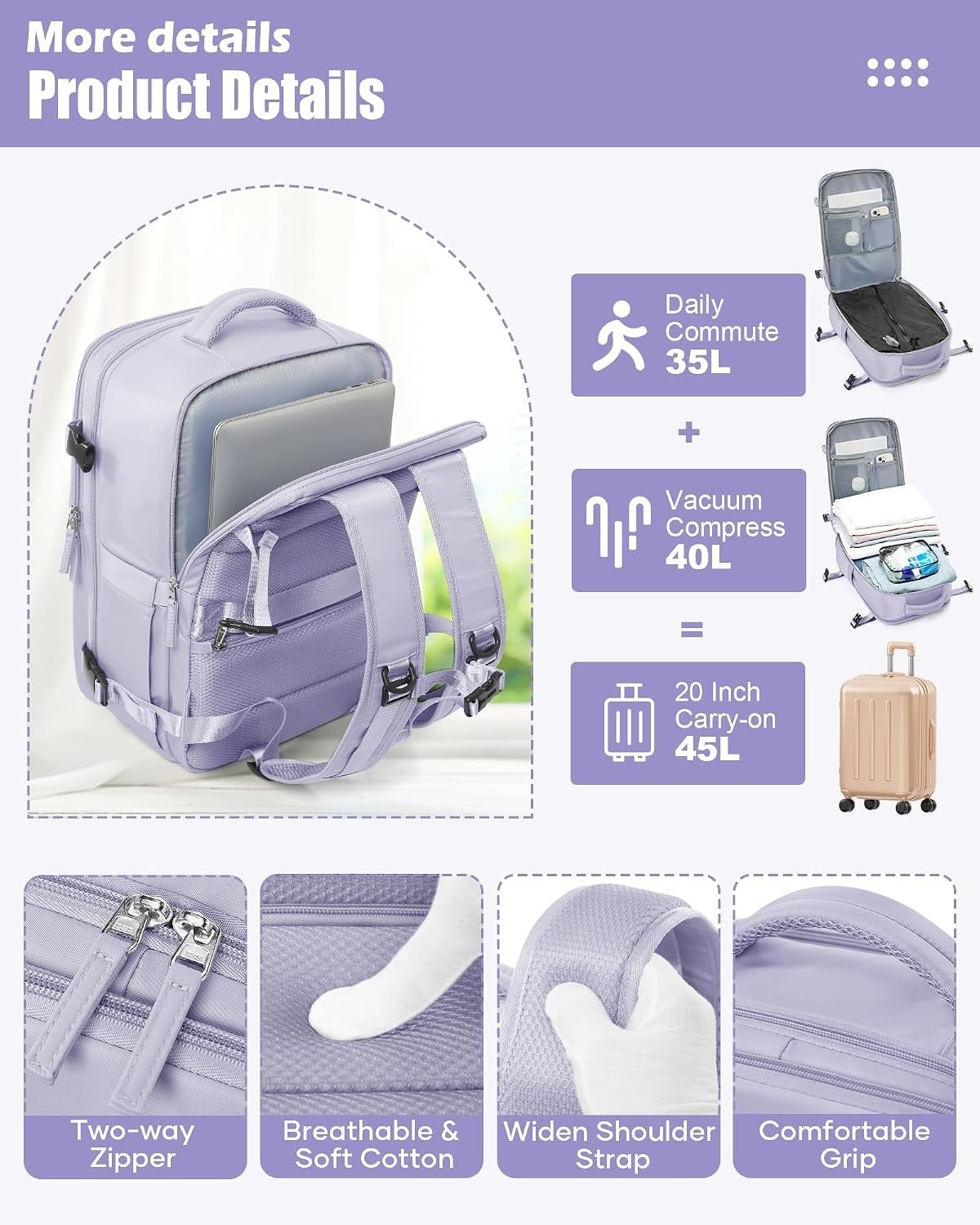 Sac à dos voyage avec pompe à vide - Violet - 40x30x20 cm - 33% de remise